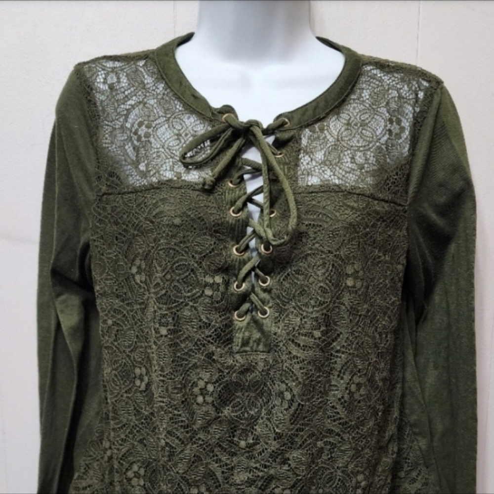 No‎ Boundaries Shirt Large Green Long Sleeve Lace Up Casual Lightweight C194Z